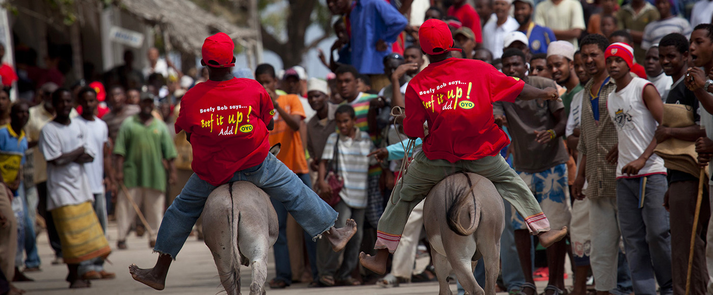 traditional donkey race in the streets of Lamu in Kenya during a local event