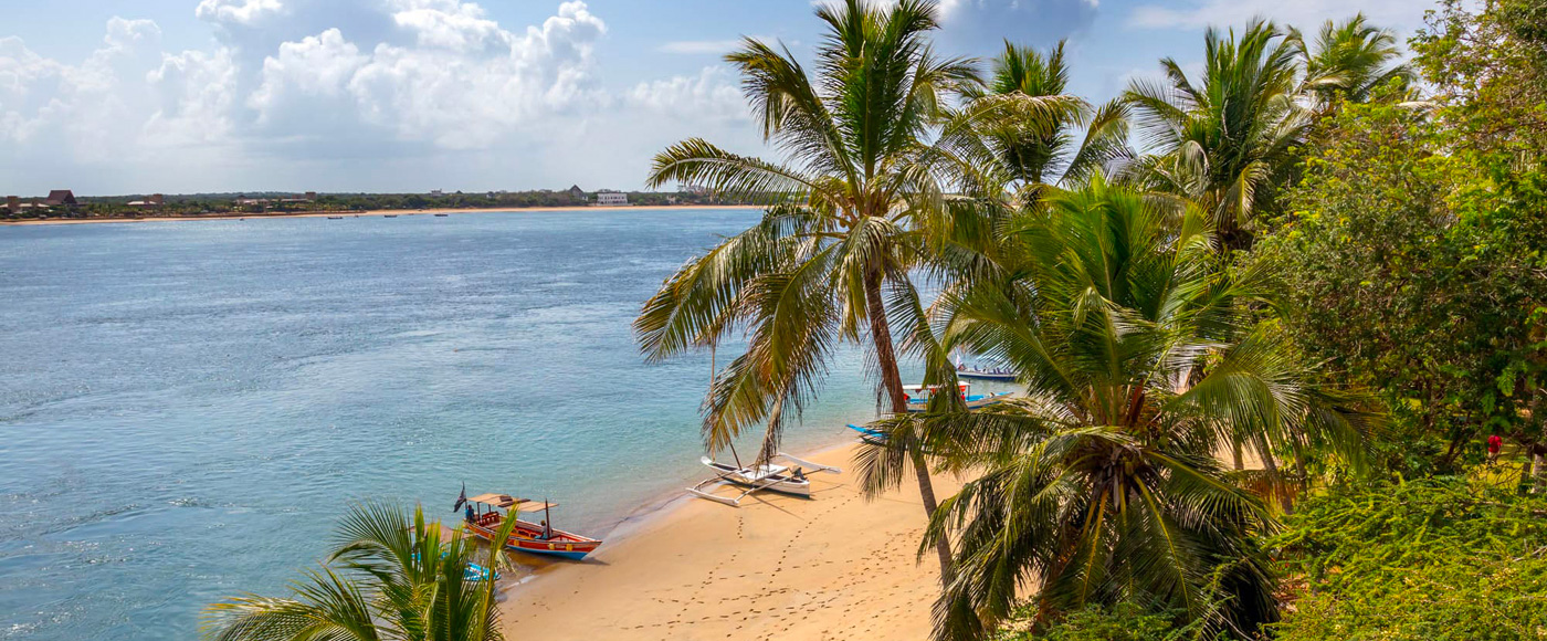 palm-lined beach at Shella Beach on Lamu Island in Kenya with traditional boats
