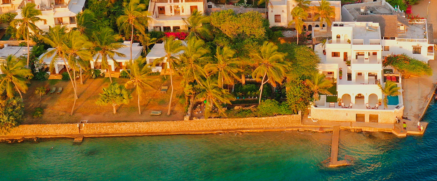 aerial view of the coastal village of Lamu Island in Kenya with houses, palm trees and ocean