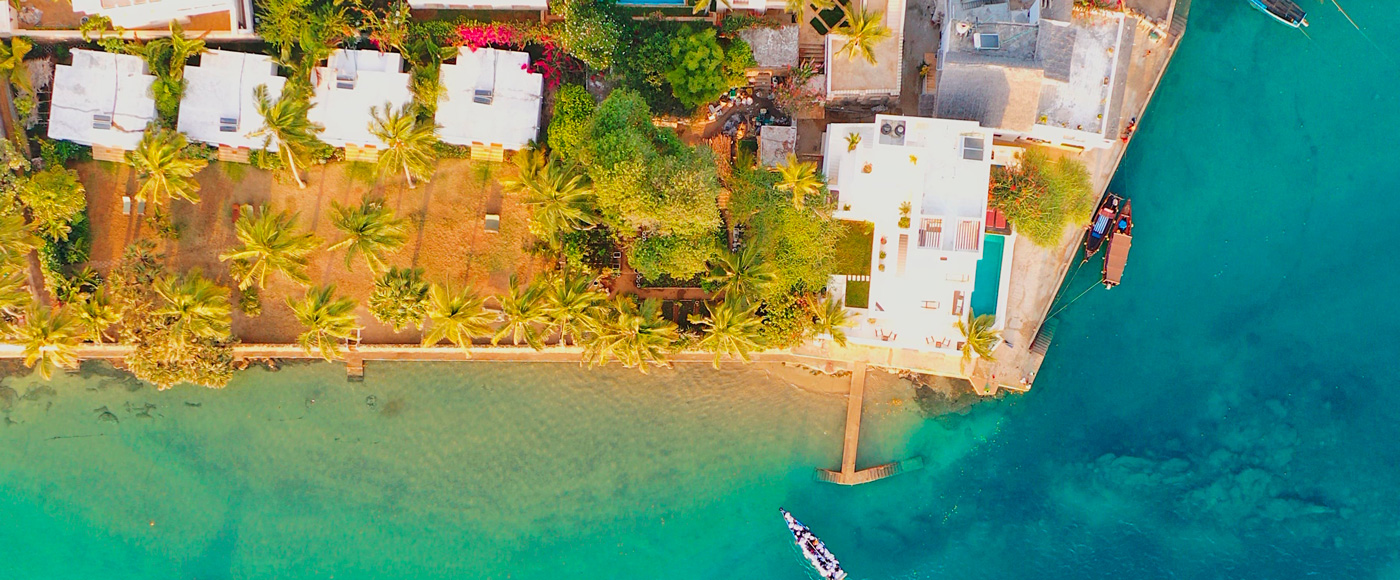 aerial view of beachfront villas at Shella Beach on Lamu Island in Kenya