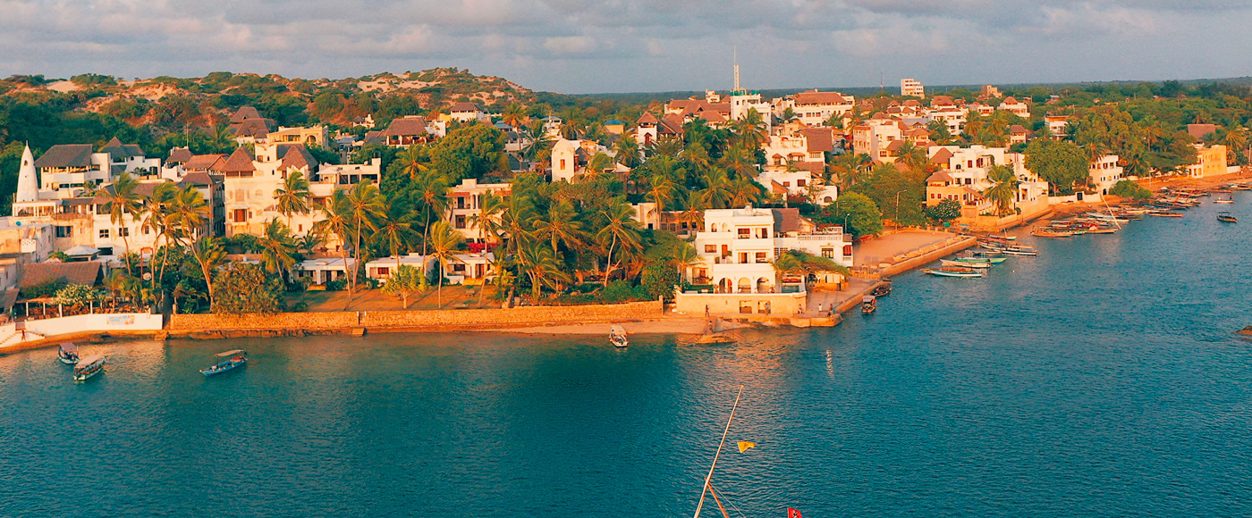 aerial view of beachfront villas on Lamu Island in Kenya